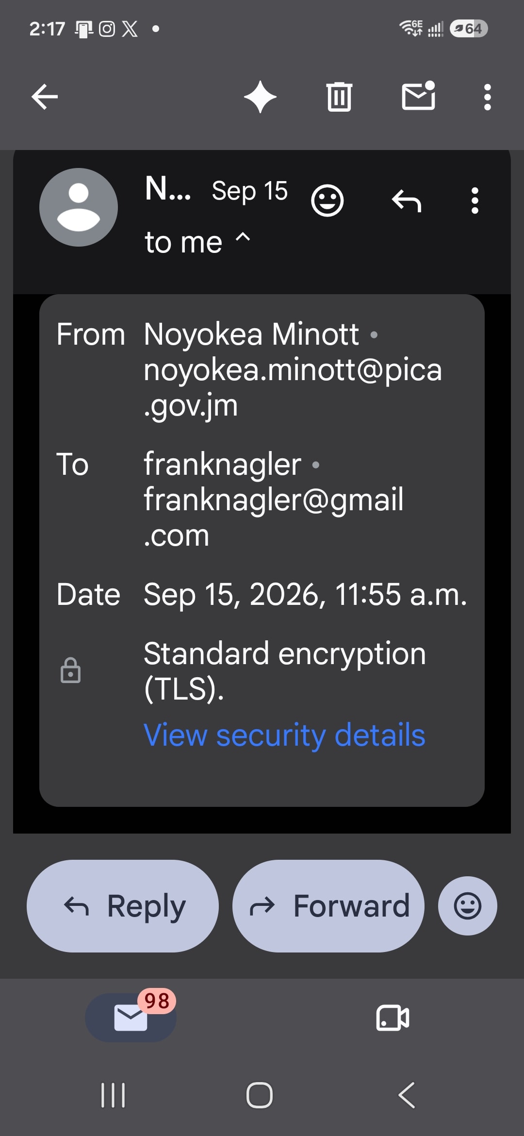 PICA citizenship approval email — sender details, September 15, 2026