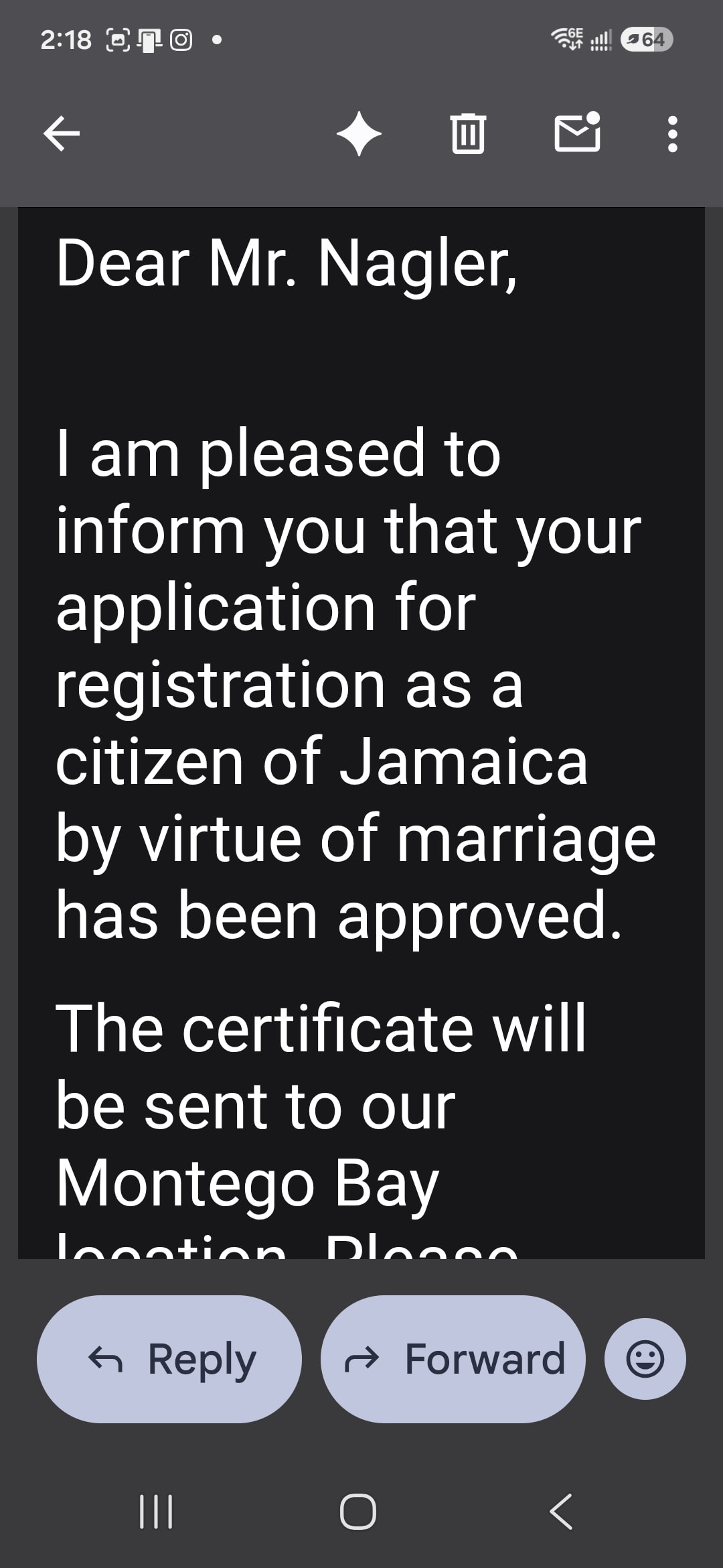 PICA citizenship approval email — confirmation message body